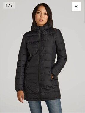 ​Halitech Womens Black Mid Length Quilted Puffer Coat Jacket Size Large L